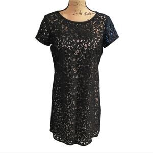Loft Lace Tunic Mini Dress Black/ Beige Lined‎ Cap Sleeve Drawstring Tie Back 4